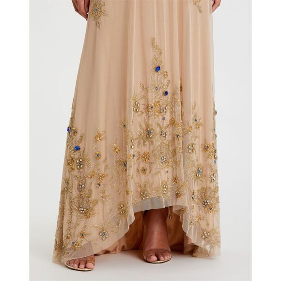 Mac Duggal 9232 High Neck Jewel Hem Embellished Trapeze Nude Gold Gown, Size 14 - Picture 9 of 10